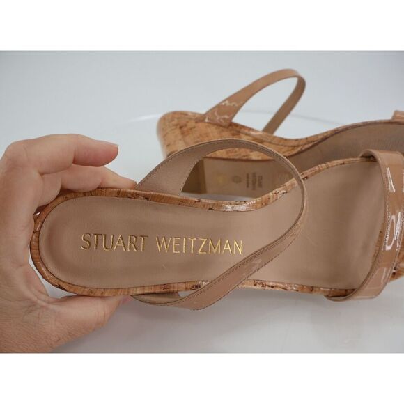 Stuart Weitzman Womens Aleena 50 Sandals Beige Leather Strappy Cork Wedge 11 B - Picture 9 of 10